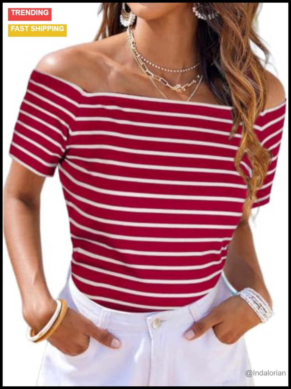 Off Shoulder Striped Short Sleeve Fitted T-Shirt Going Out Top